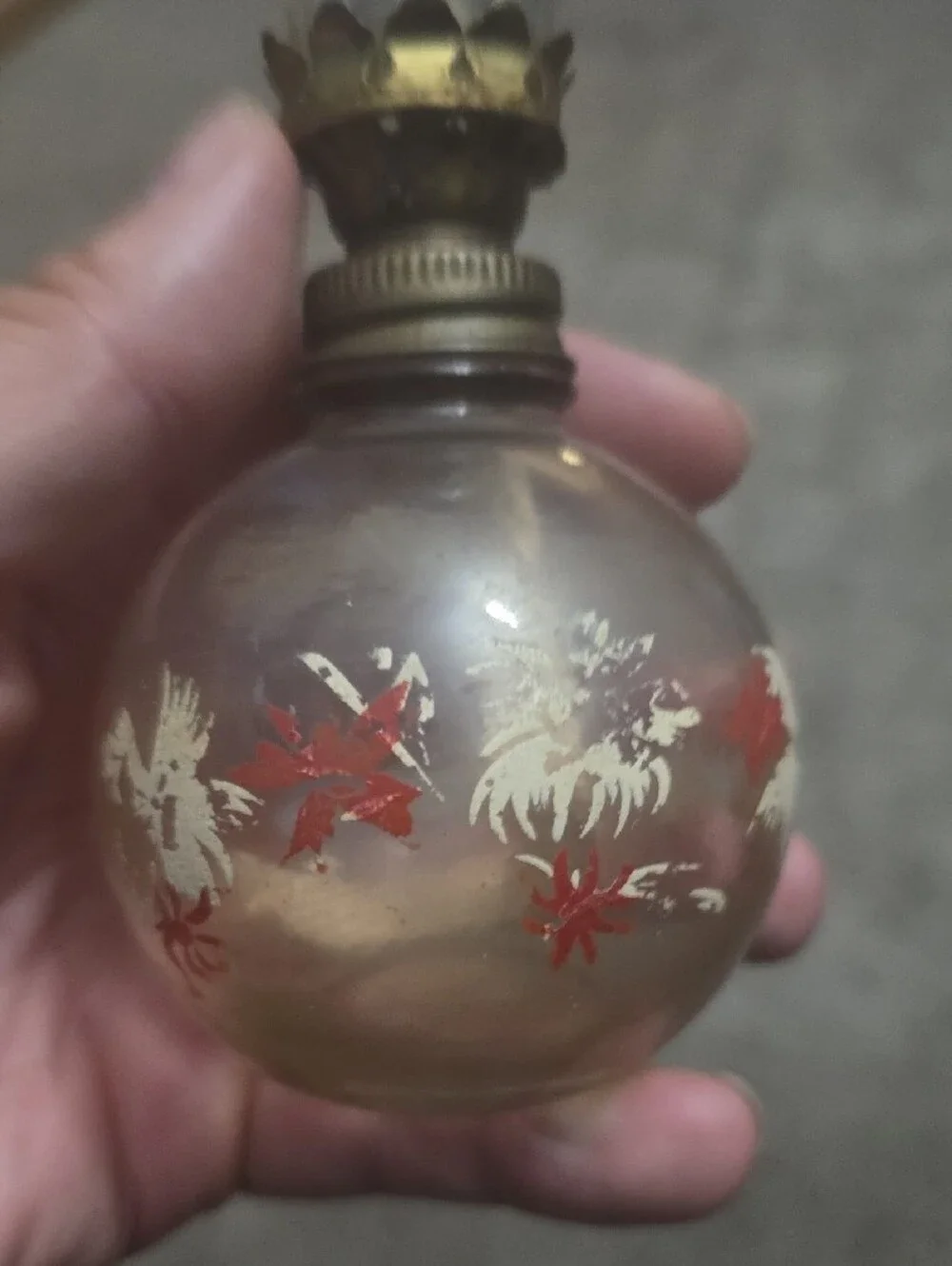 Vintage Glass Hurricane Oil Lamp with Hand- Painted White and Red Floral Design